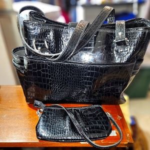 Liz Claiborne black faux croc print handbag with matching attachable wristlet